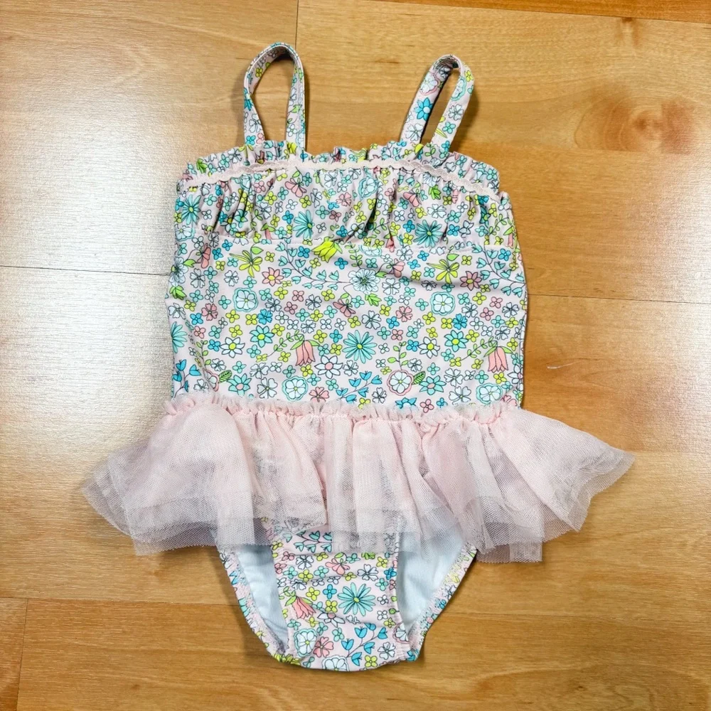 Circo Light Pink & Turquoise Floral Tutu One Piece Swimsuit Toddler Size 18M